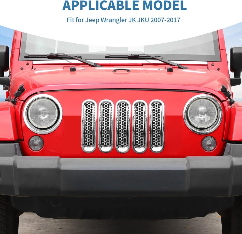 PDKLIN for Jeep JK Front Grille Inserts & Headlight Cover Trim Ring for Jeep Wrangler JK JKU 2007-2017 Chrome Exterior Accessories 9pcs - Image 3